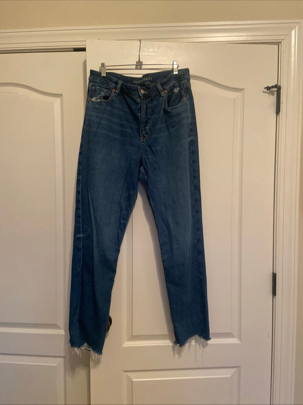 American Eagle Outfitters Dark Blue Straight Leg Jeans with Frayed Hem